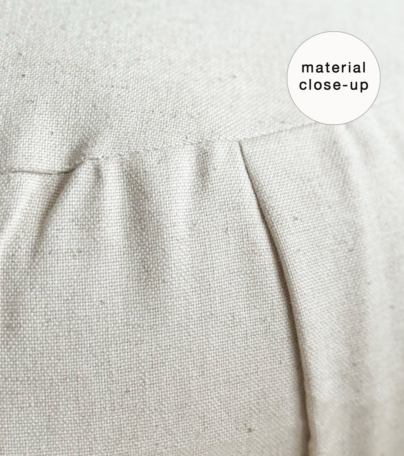 Close-up of beige fabric with a 'material close-up' label.