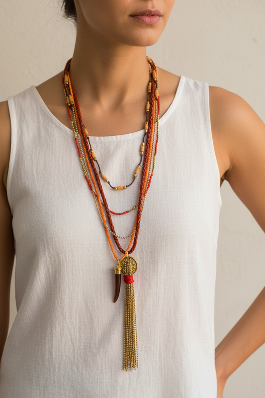 Dramatic multi-strand boho necklace with red and orange braided leather, seed bead strands, gold ball chain, wood tube beads, gold coin pendant, dark wood drop and long gold chain tassel worn by a woman — handmade in India for bold bohemian and statement style