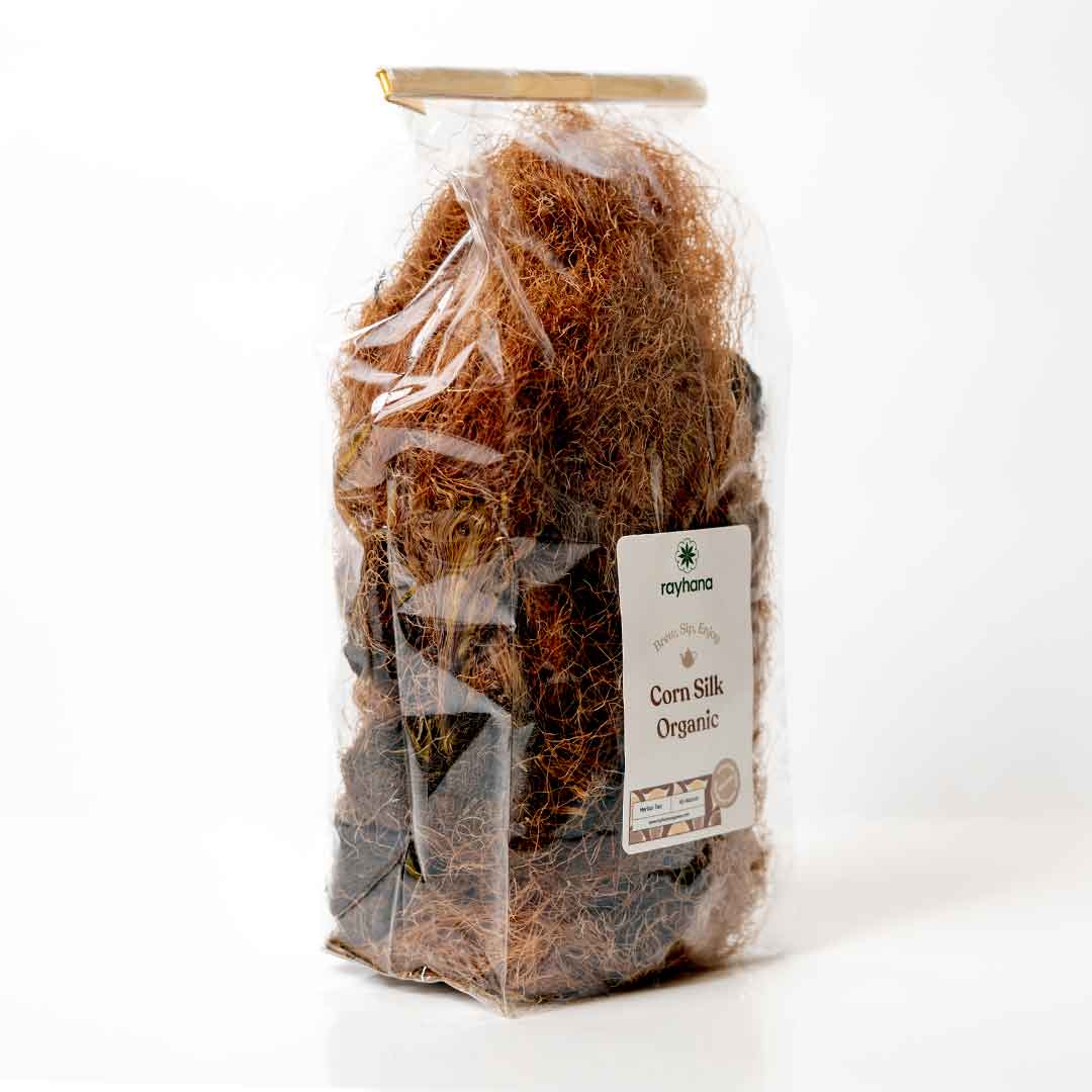 Close-up of dried corn silk strands — loose herbal tea by Rayhana Organics for kidney support 