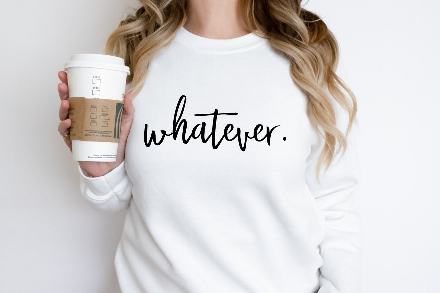 Women's attitude pullover sweatshirt with bold "Whatever" graphic print in white