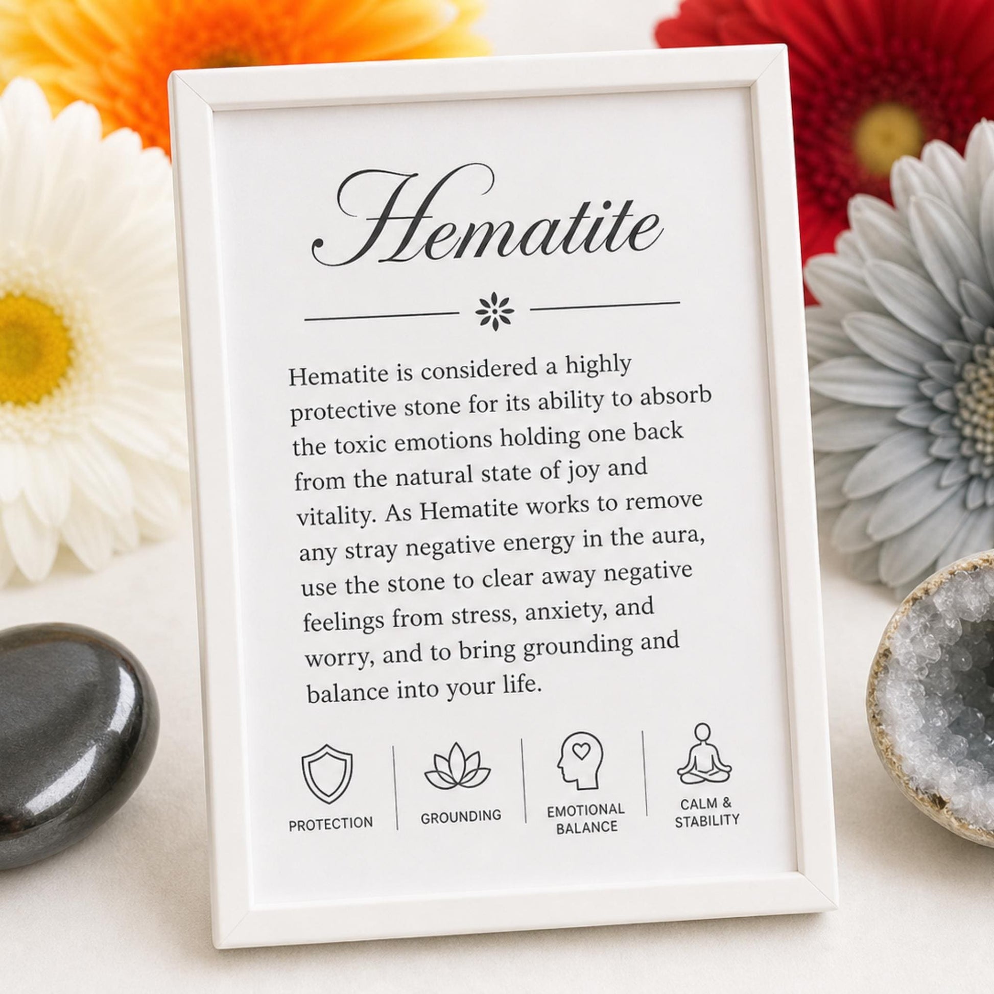 properties card for Hematite healing bracelet — natural gemstone chips for focus, emotional balance, and Root Chakra energy