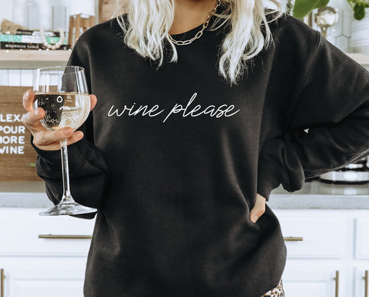 Wine Please sweatshirt in soft cozy fleece fabric for casual everyday wear in black
