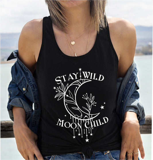 Women's moon child racerback tank with mystical and inspiring graphic print in black