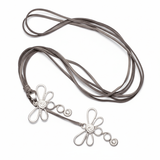 Double Dragonfly Necklace On Suede In Silver Plate - Best Life Apparel