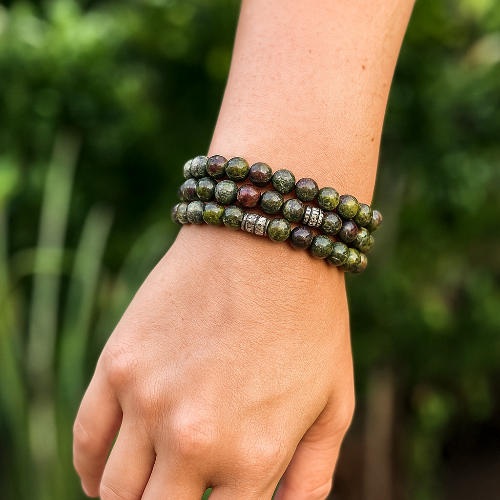 Dragons Blood Jasper gemstone bracelet for women — green and red crystal bead bracelet for strength and courage