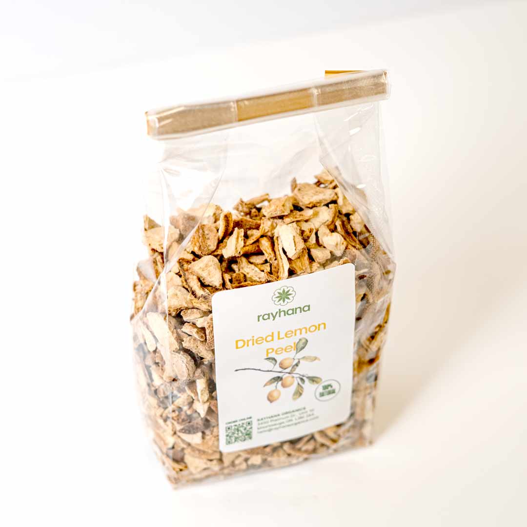 Rayhana Organics dried lemon peel — zesty dehydrated citrus for tea infusions and wellness remedies