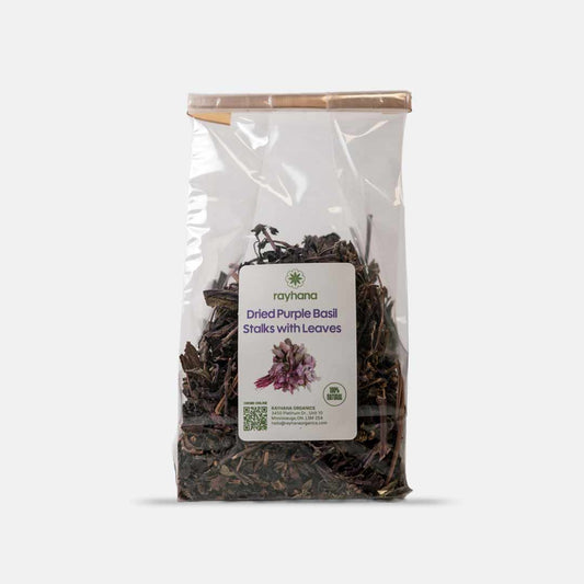 Dried purple basil stalks with leaves — aromatic whole herb for herbal tea, cooking, and natural wellness