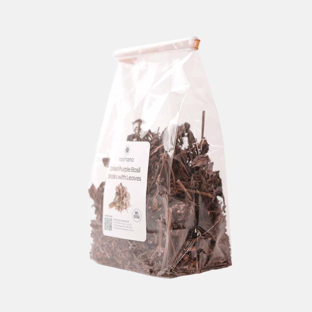 Whole dried purple basil stalks by Rayhana Organics — fragrant loose herb for tea blends and culinary use