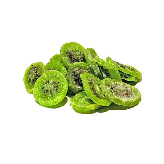 Sugared dried kiwi slices — vibrant dehydrated tropical fruit for natural snacking and tea blending
