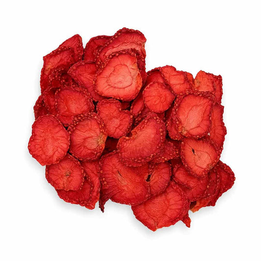 Naturally sweet dried strawberry slices by Rayhana Organics — premium dehydrated fruit for snacking and tea blending