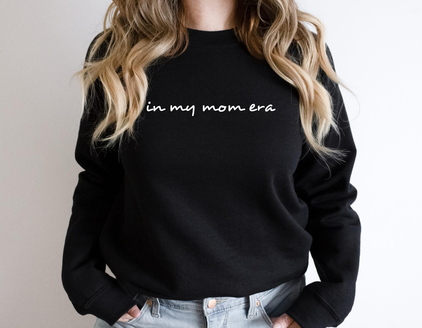 Women's funny mom sweatshirt with bold and trendy "In My Mom Era" graphic print in black