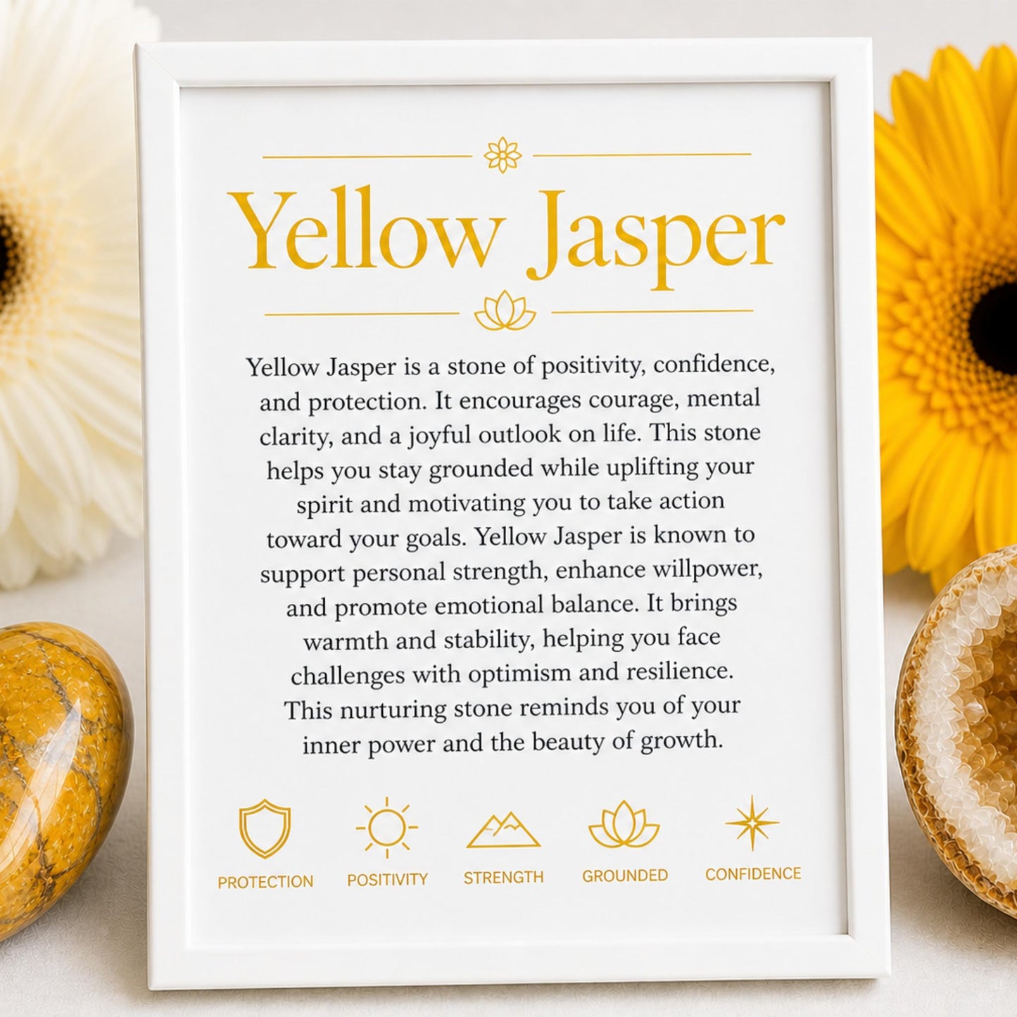 properties card for Yellow Jasper healing bracelet — natural gemstone chips for positivity, resilience, and Solar Plexus energy
