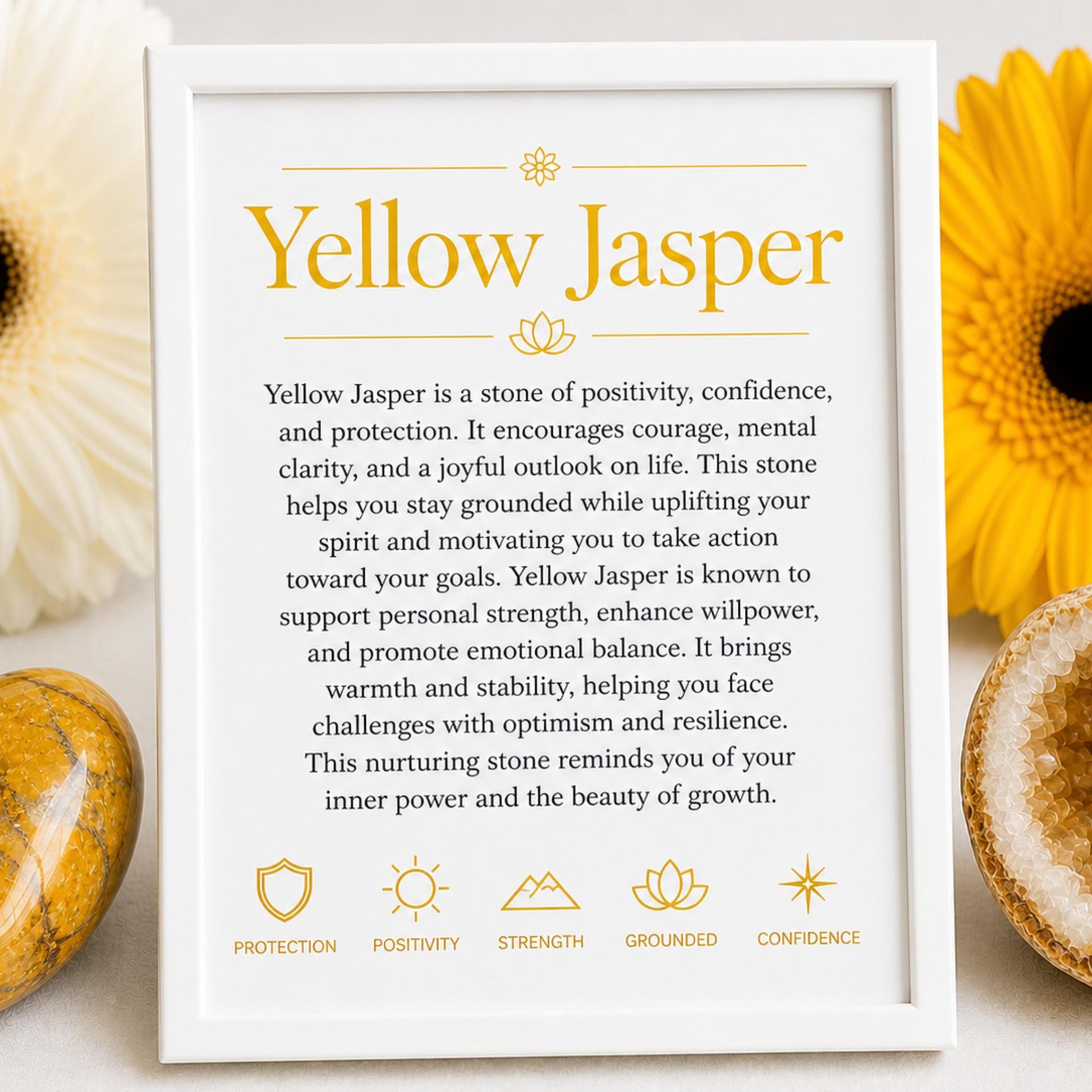properties card for Yellow Jasper healing bracelet — natural gemstone chips for positivity, resilience, and Solar Plexus energy