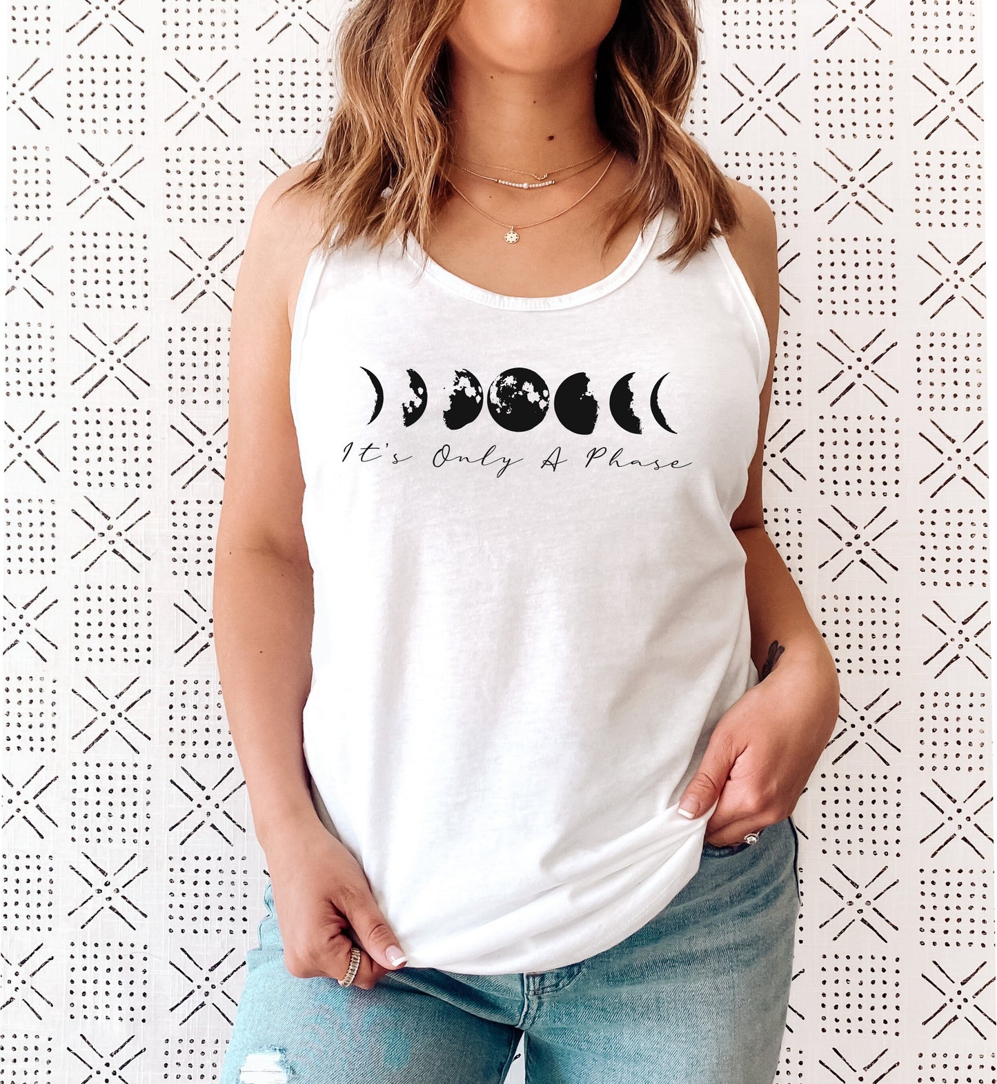 It's Only A Phase racerback tank top as a perfect gift for moon lovers in white