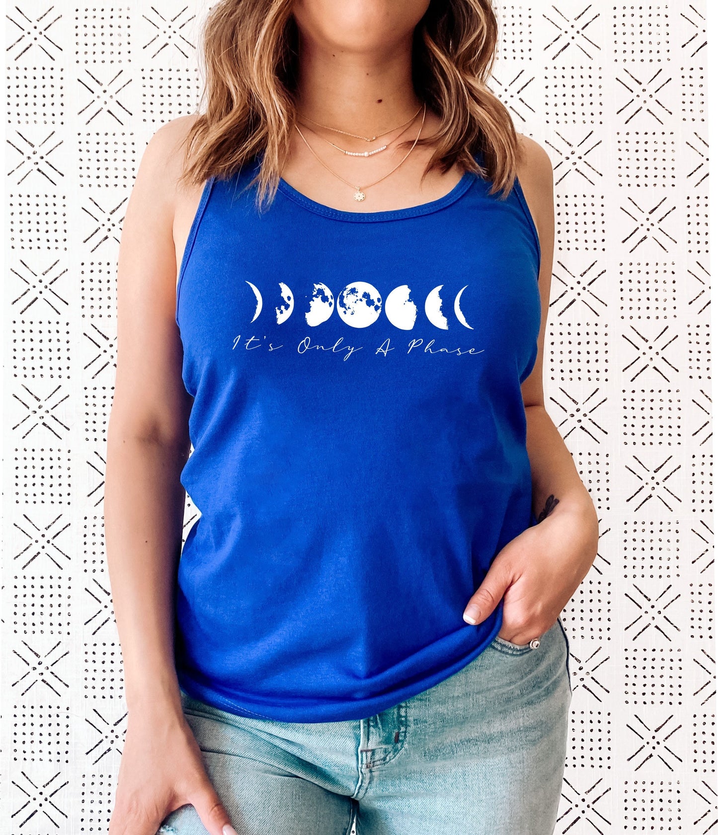 Women's moon phase tank top with celestial and humorous graphic print in blue