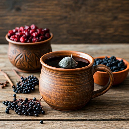 Ceramic mug with tea and berries on a wooden surface