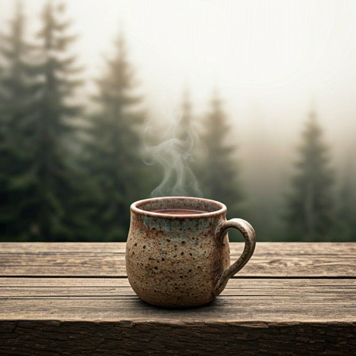 Steaming mug on a wooden table with a forest background