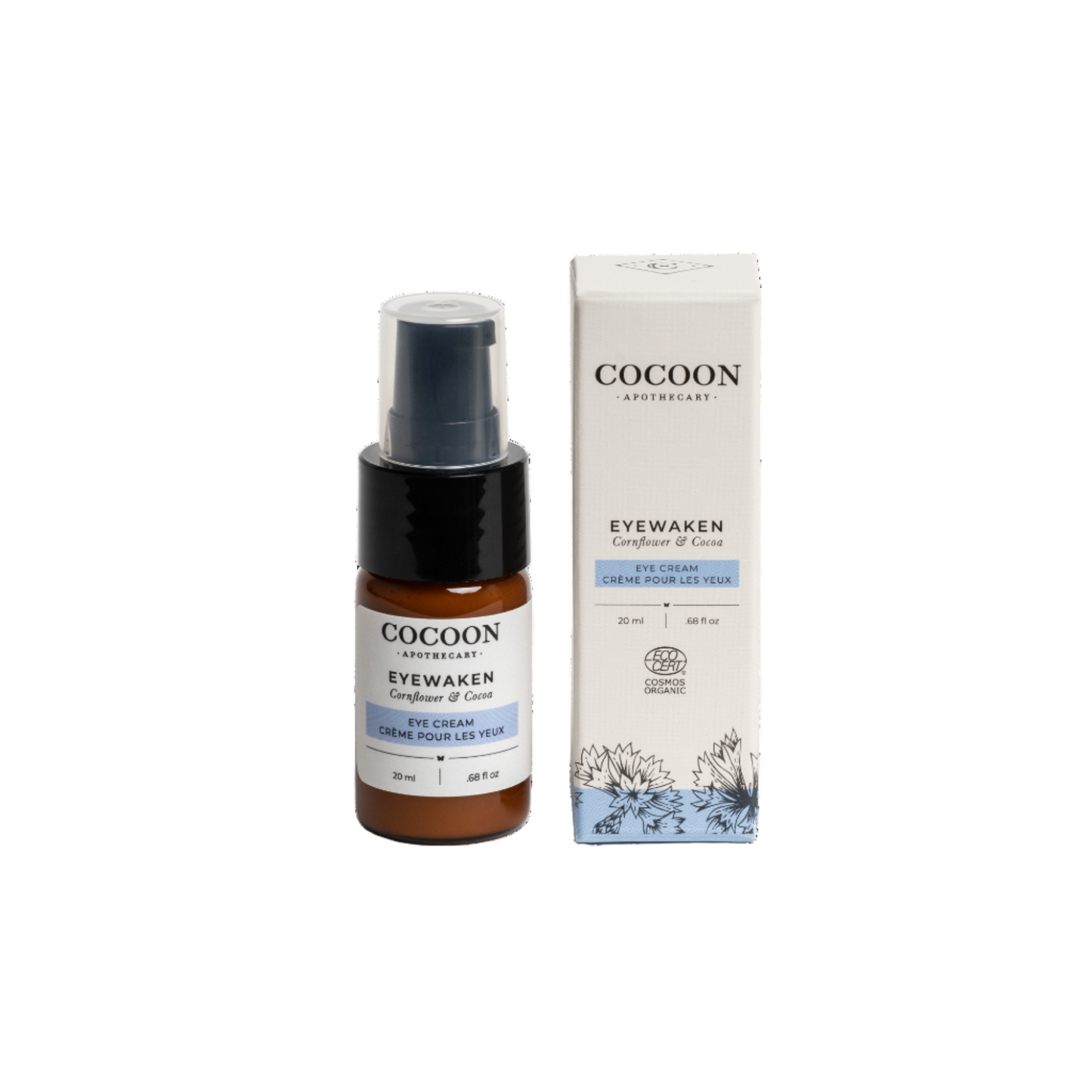Cocoon skincare product 'Eyewaken' with eye cream bottle and packaging on a white background