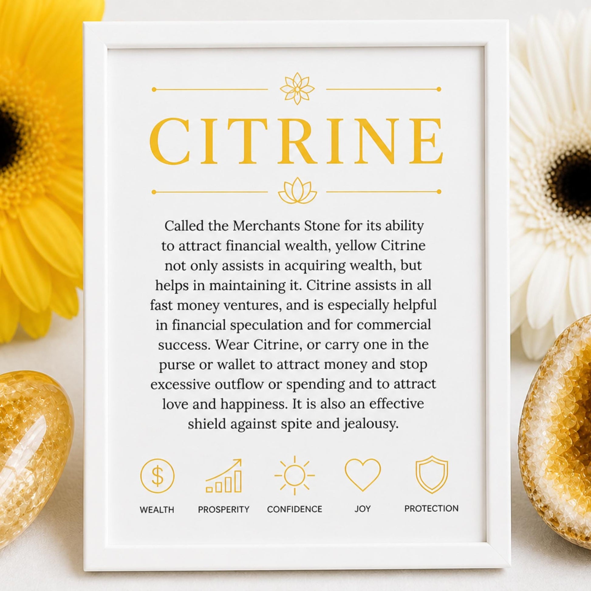 properties card for Citrine crystal bracelet handmade to order — merchant's stone gemstone jewelry for manifestation and intentional living