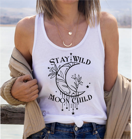 Free-spirited "Stay Wild Moon Child" racerback tank top for bohemian souls in white