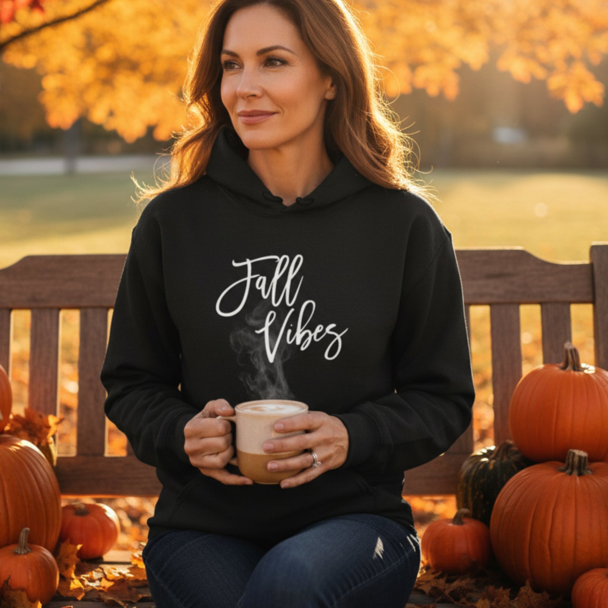 Black Fall Vibes pullover hoodie for women — cozy autumn gift for pumpkin spice lovers, leaf peepers, and women who live for sweater season