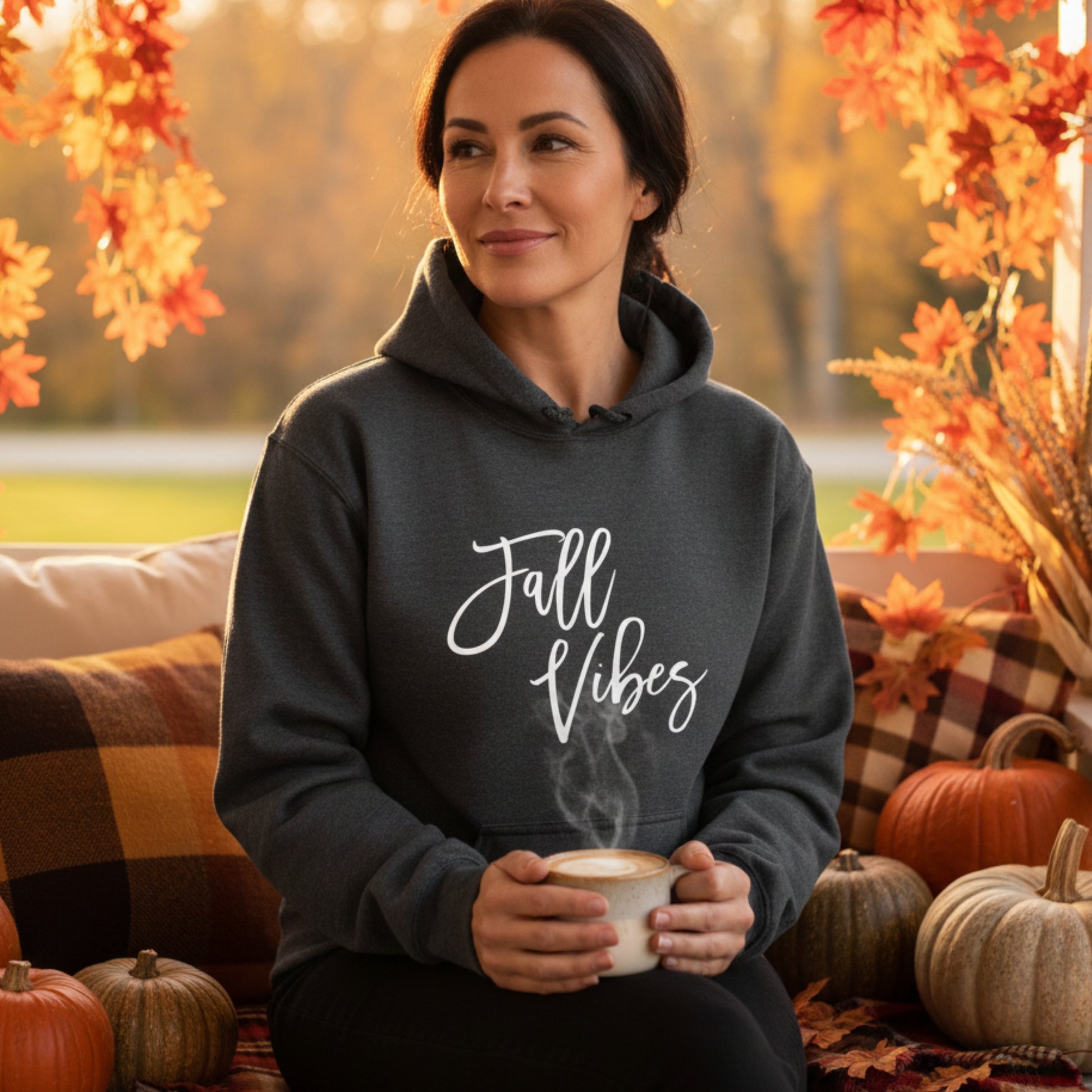 Dark heather grey Fall Vibes hoodie for women — the ultimate cozy fall layering piece, great gift for the woman who counts down to sweater weather