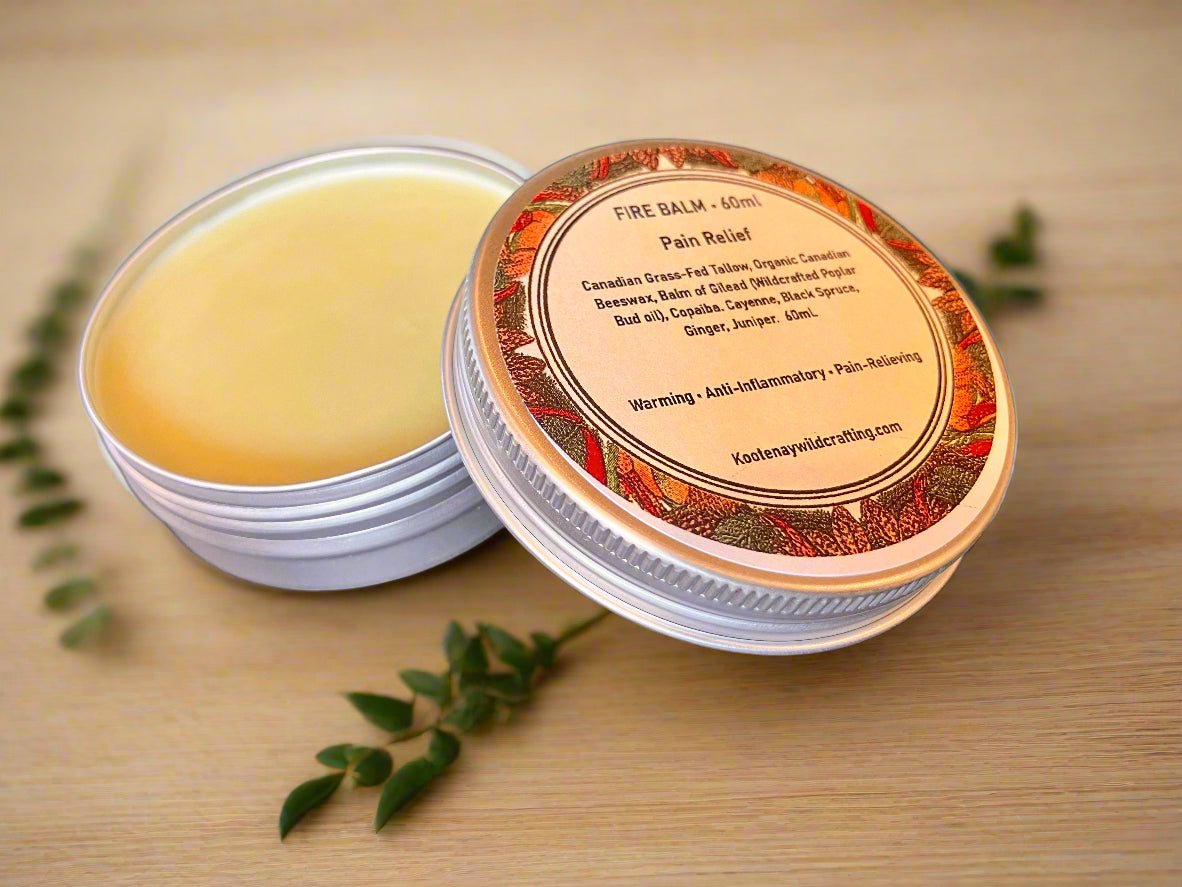 Fire balm container with a wooden lid on a wooden surface