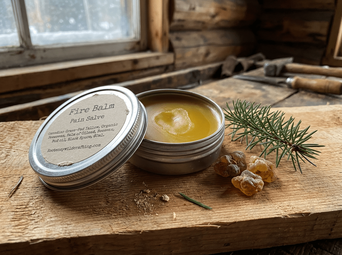 Open tin of Fire Balm Pain Salve on a wooden surface with a sprig of pine and resin.