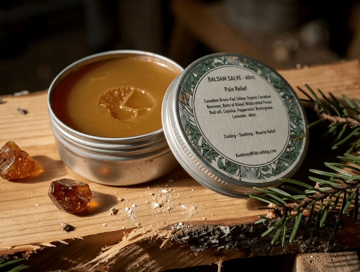 Cooling Balm Salve in a metal tin with a label on a wooden surface with pine needles and resin.