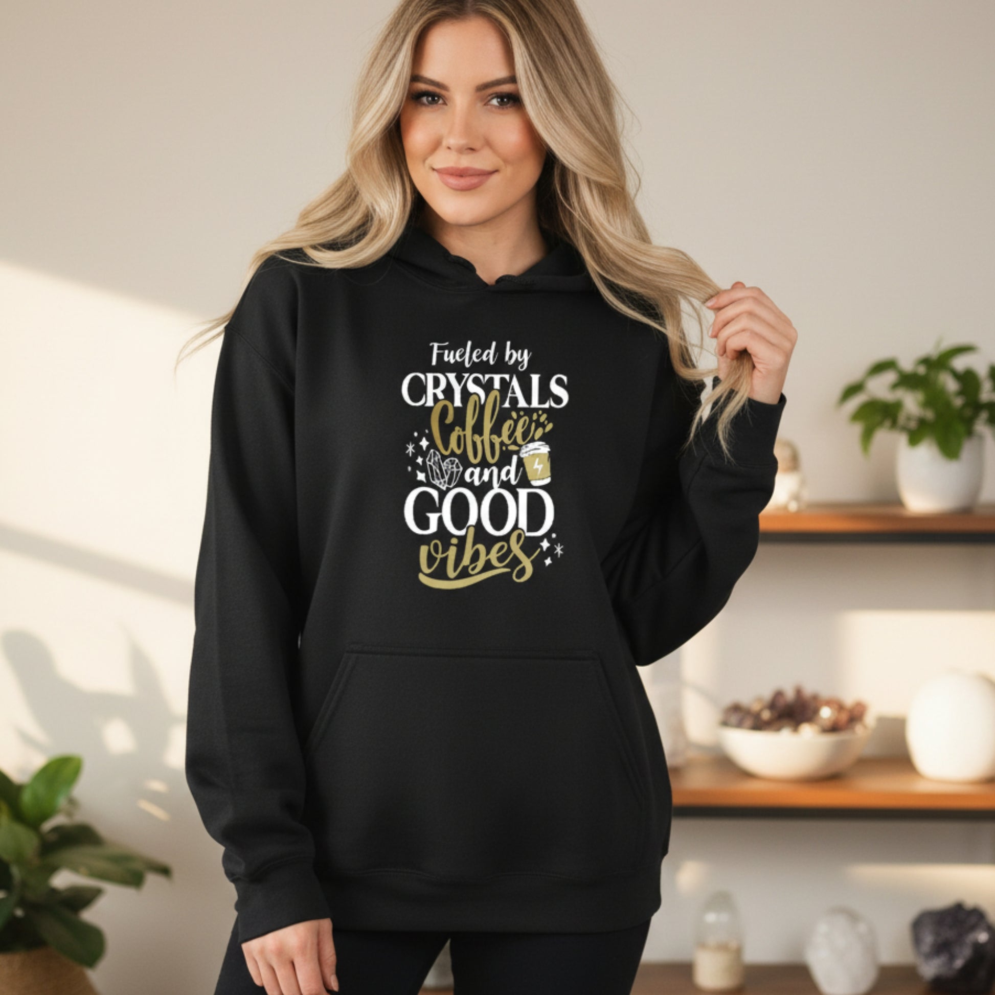 Black pullover hoodie with "Spiritually Awake Humanly Tired" print — funny spiritual gift for women who are high vibe but also exhausted