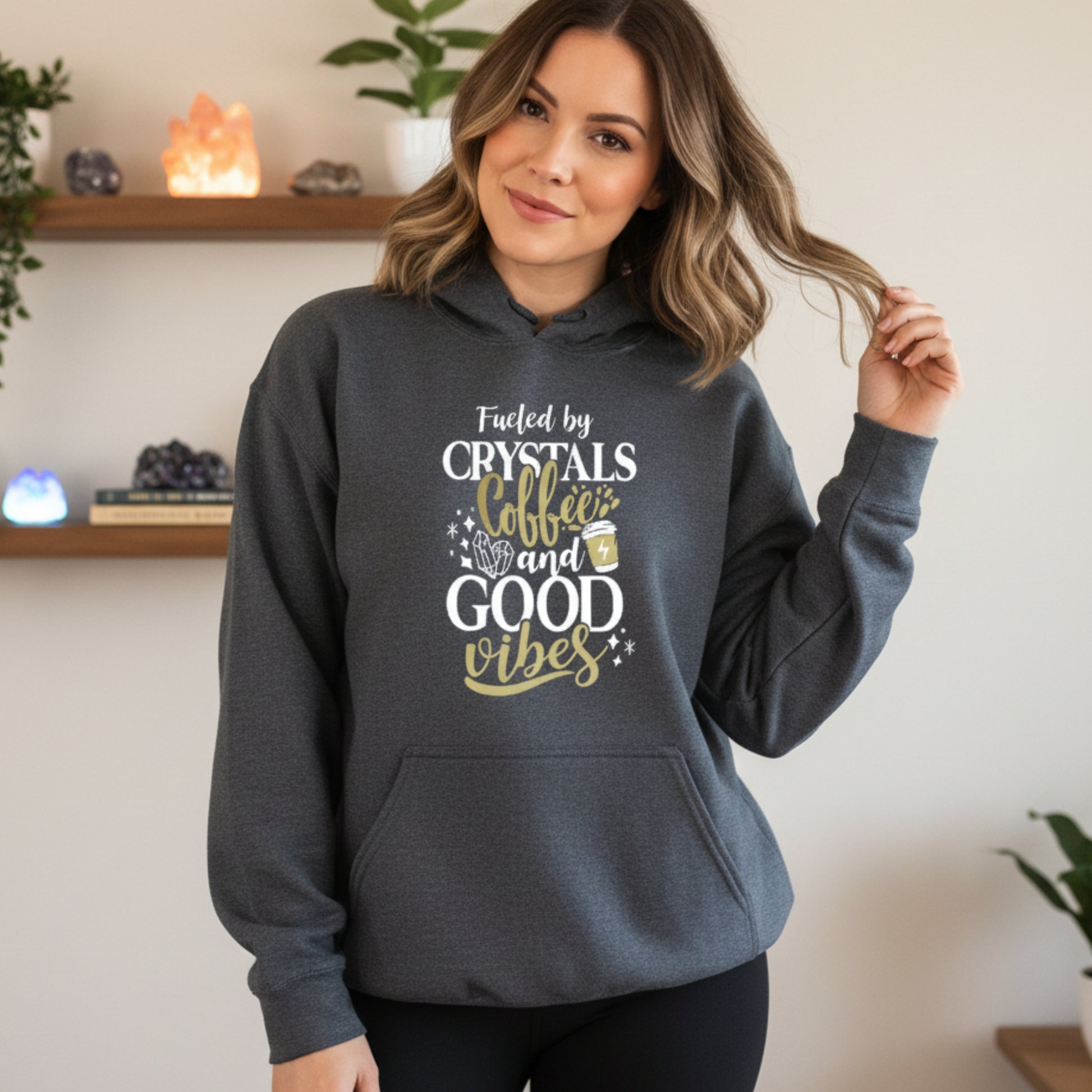 Dark heather grey Spiritually Awake Humanly Tired hoodie — humorous mindfulness gift for her, great for birthdays, Christmas, or just because