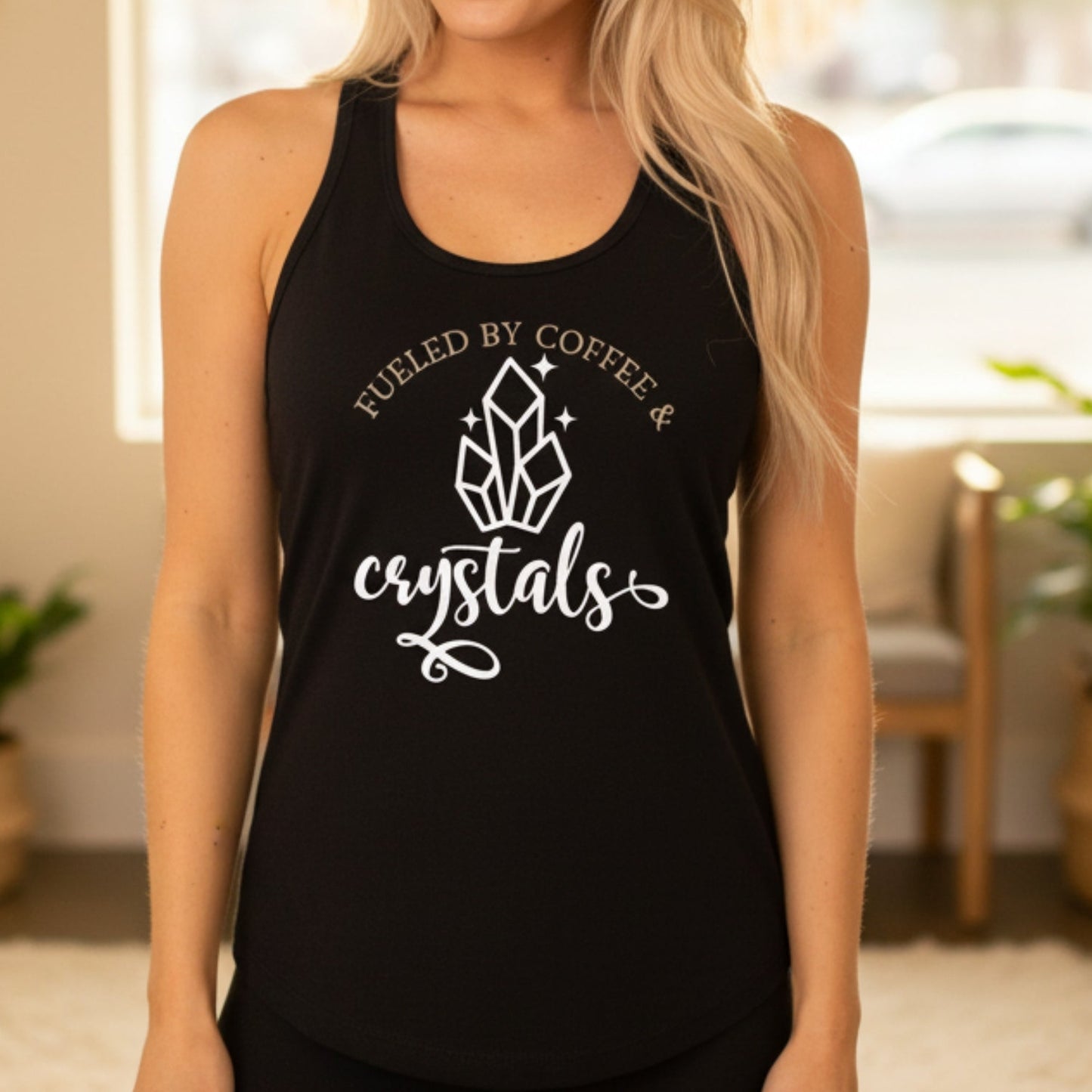 Women's Fueled By Coffee & Crystals racerback tank — funny spiritual gift for women, coffee and crystals tank top for her