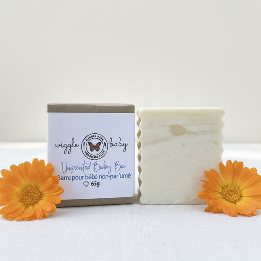 Natural unscented baby bar soap handmade in Canada — cold process soap with chamomile infused olive oil and organic calendula petals, 90g