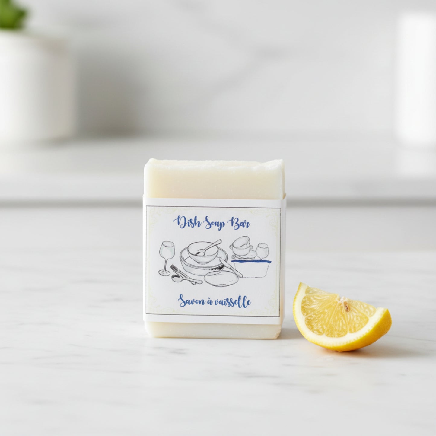 Natural dish soap bar handmade in Canada — cold process biodegradable dish soap with bergamot and lime essential oils, plastic-free, 90g
