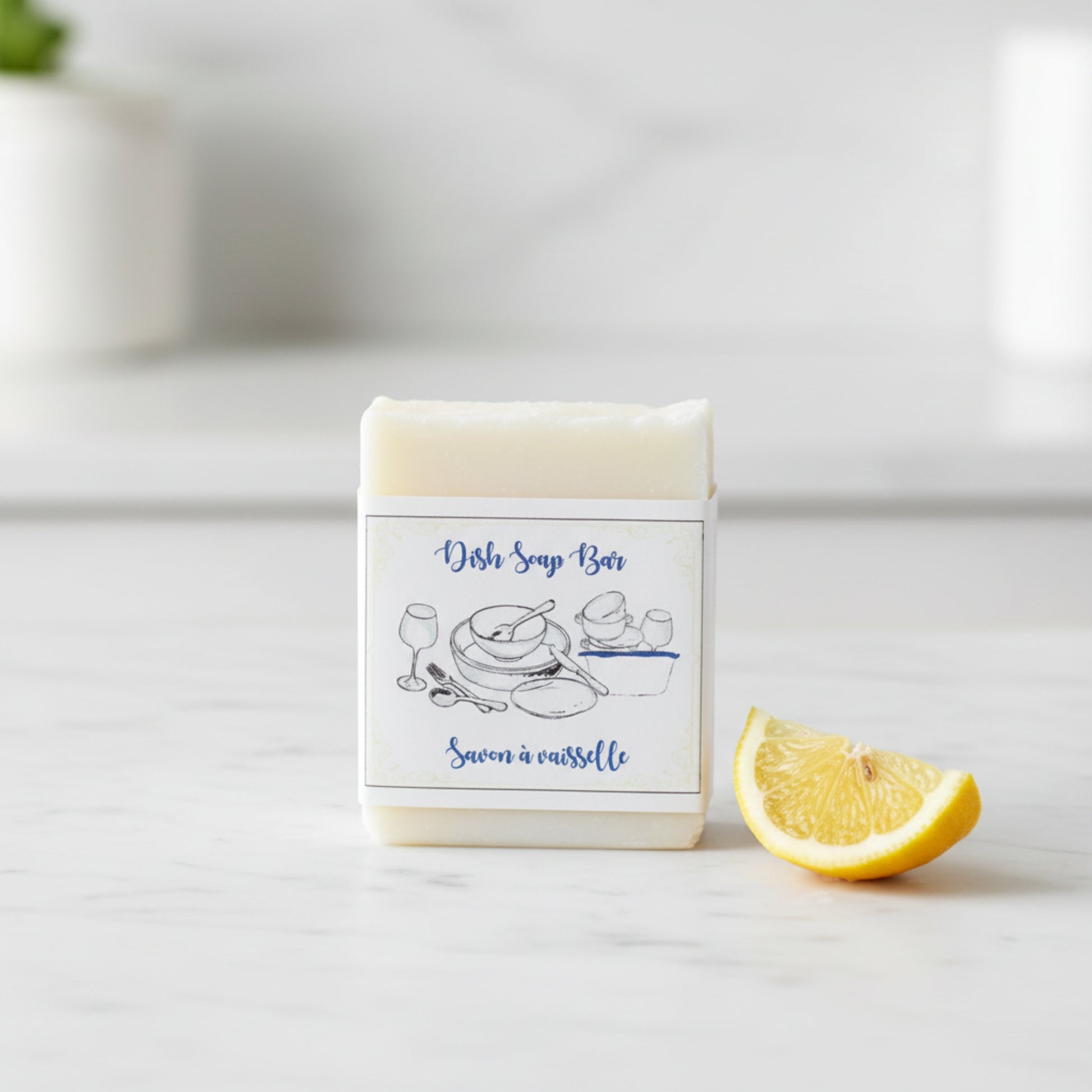 Natural dish soap bar handmade in Canada — cold process biodegradable dish soap with bergamot and lime essential oils, plastic-free, 90g