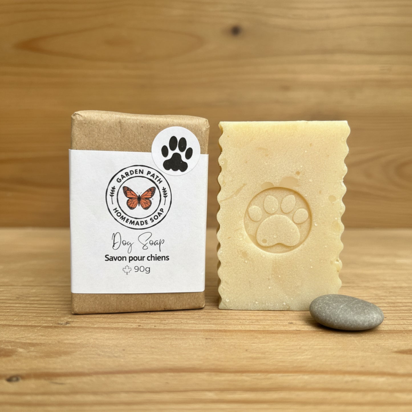 Natural dog bar soap handmade in Canada — cold process pet soap with oatmeal, lemongrass and tea tree essential oils, paw print design, 90g