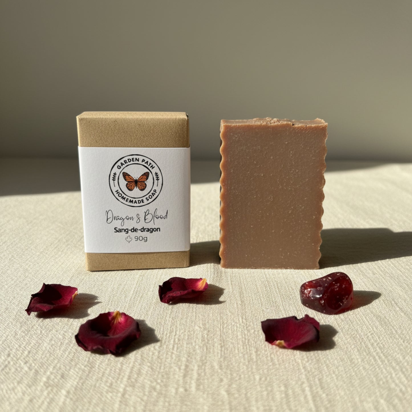 Dragon's Blood natural bar soap handmade in Canada — cold process soap with cedarwood, clove and patchouli fragrance, 90g