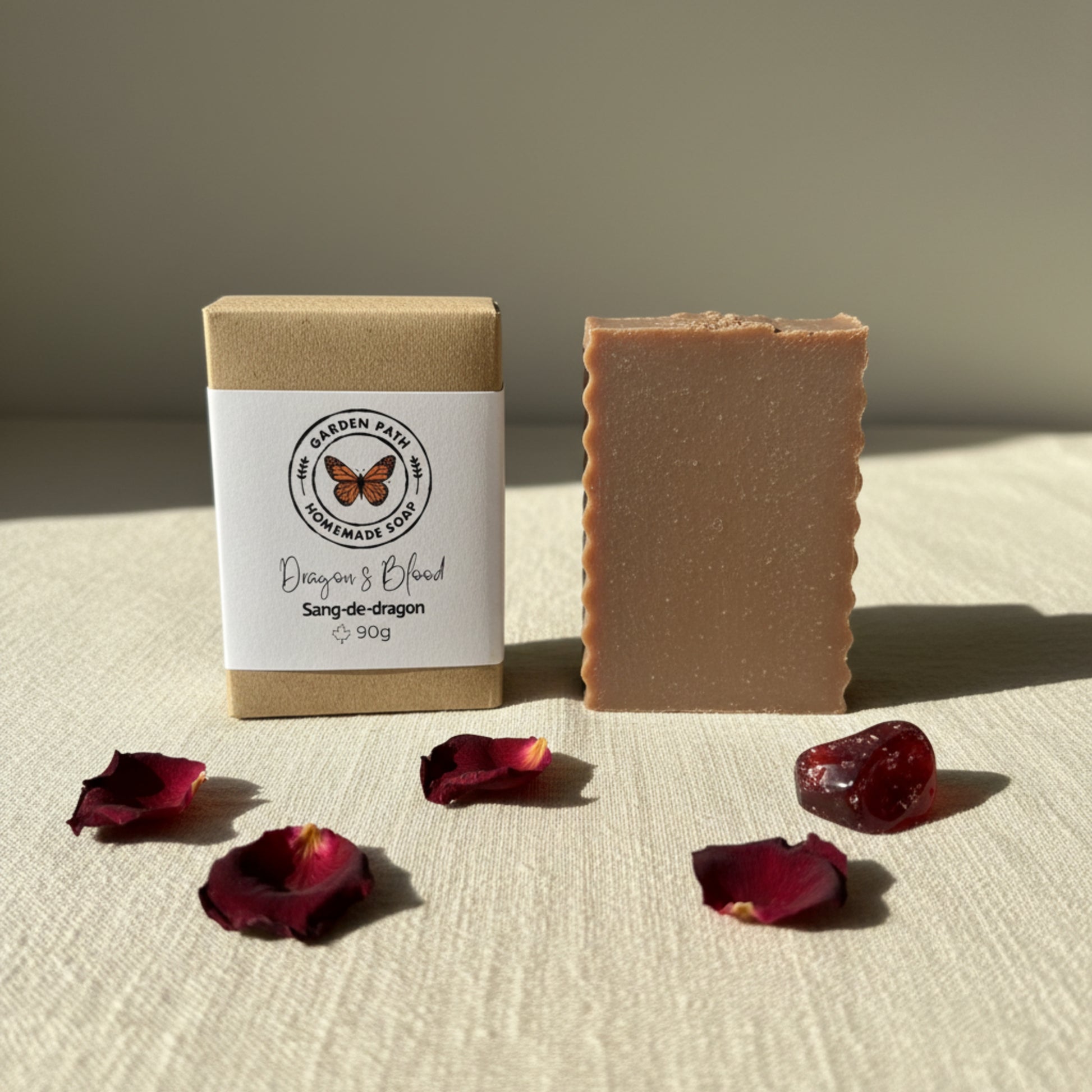 Dragon's Blood natural bar soap handmade in Canada — cold process soap with cedarwood, clove and patchouli fragrance, 90g