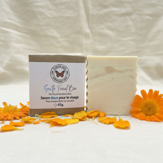 Natural gentle facial bar soap for dry sensitive skin handmade in Canada — cold process soap with oatmeal, cocoa butter and calendula, unscented, 90g