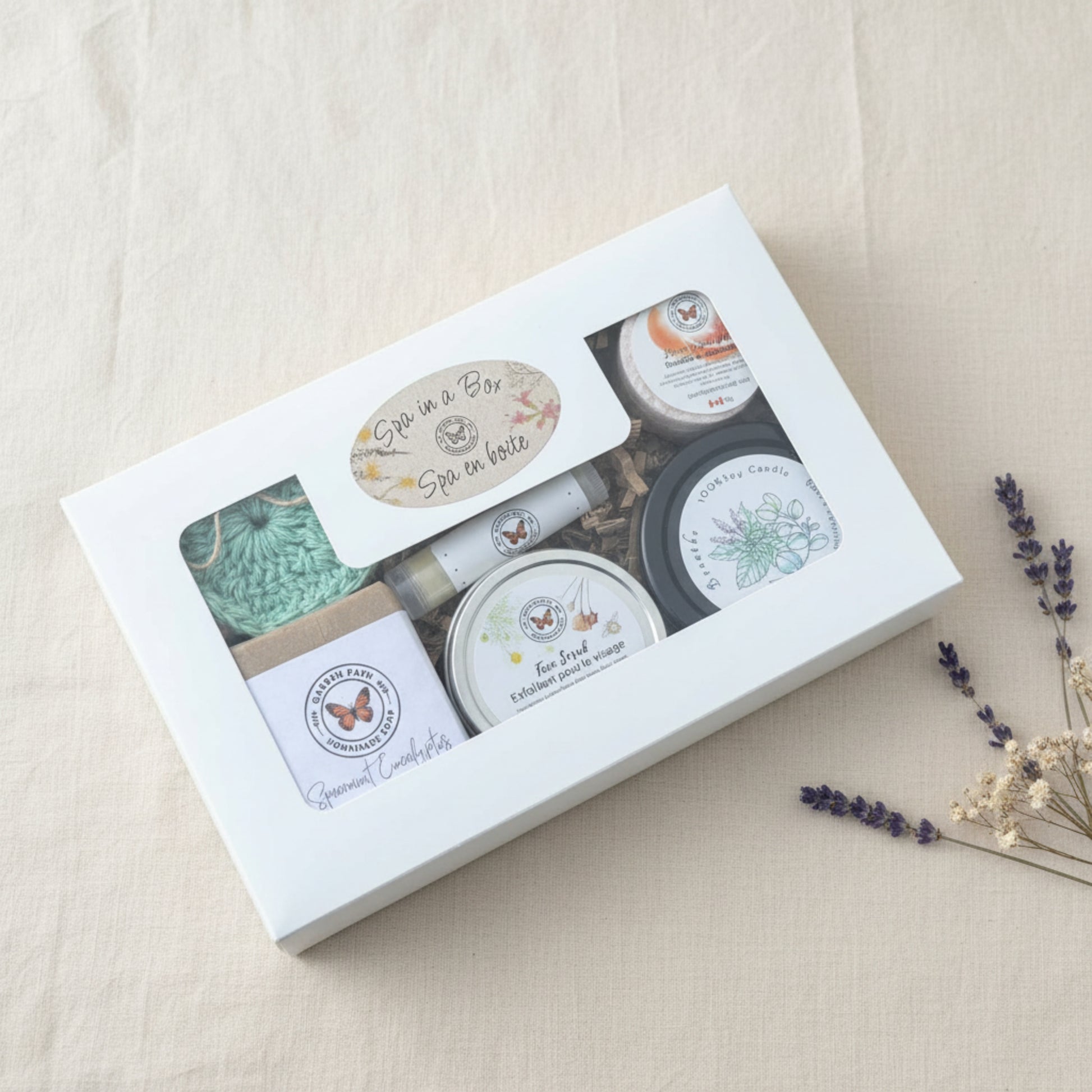 Garden Path Homemade Soap Spa in a Box gift set — natural handmade soap bundle with lip balm, soy candle, facial scrub and bath puck, made in Canada