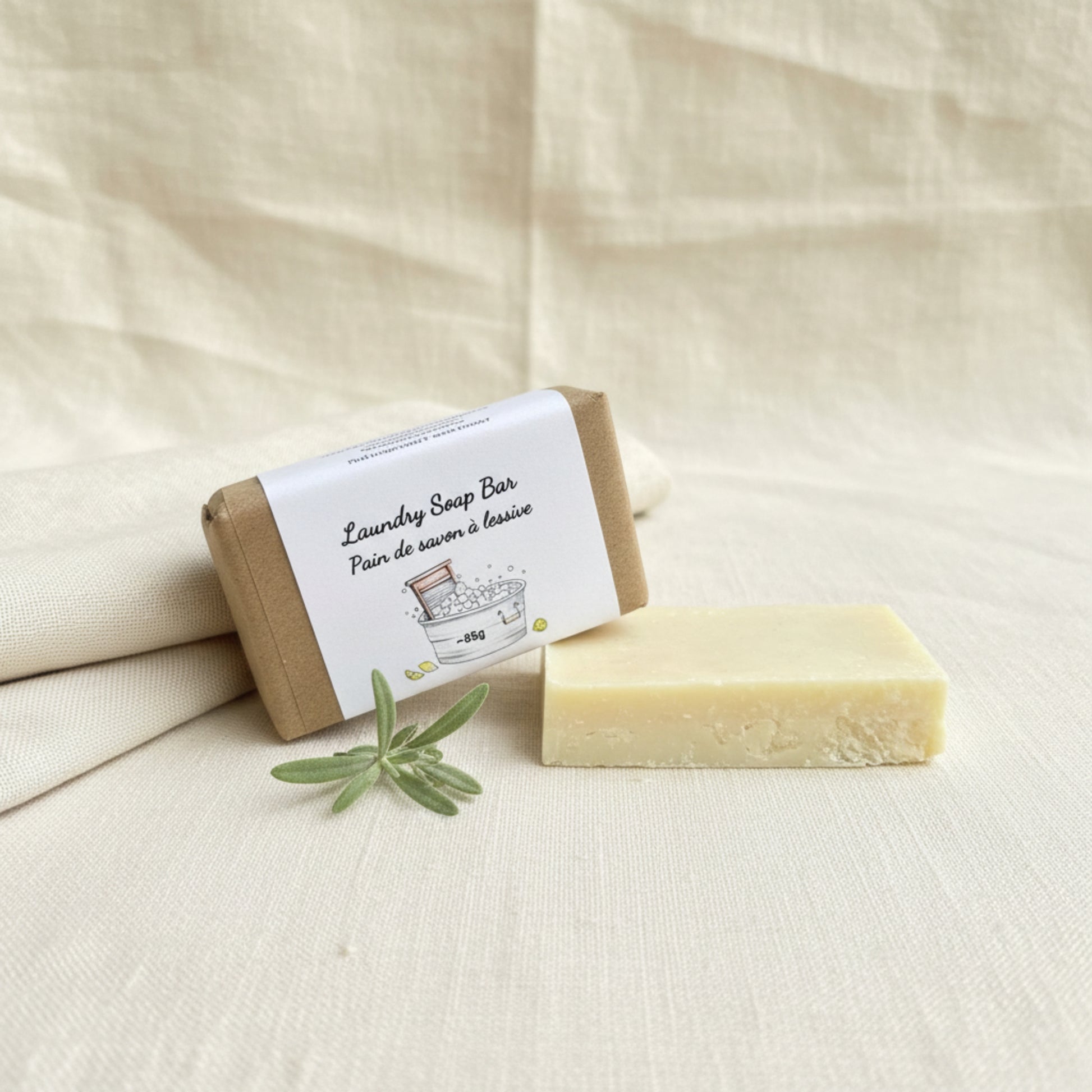 Natural laundry soap bar handmade in Canada — cold process biodegradable laundry bar with lemon essential oil, for delicates and travel, 90g