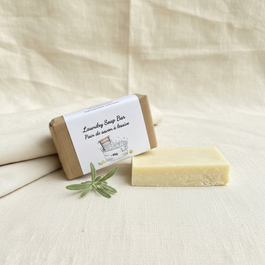 Natural laundry soap bar handmade in Canada — cold process biodegradable laundry bar with lemon essential oil, for delicates and travel, 90g