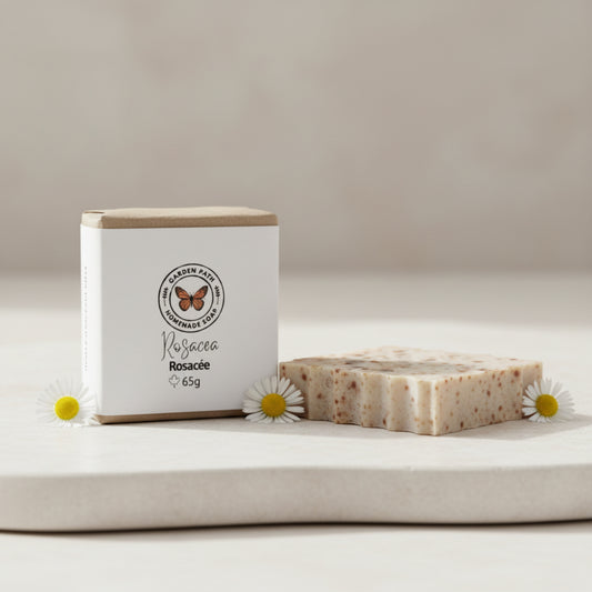 Natural facial bar soap for rosacea handmade in Canada — cold process soap with green tea, chamomile, aloe and licorice root, anti-inflammatory, unscented