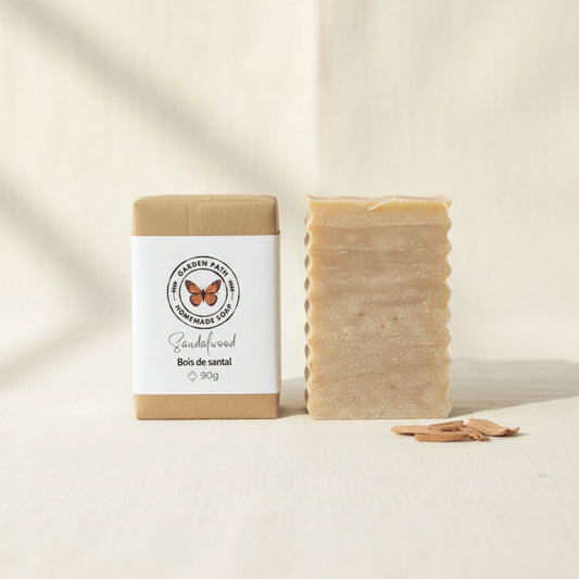 All natural sandalwood soap bar — small batch handmade soap gift for him, warm woody artisan soap Canada clean background