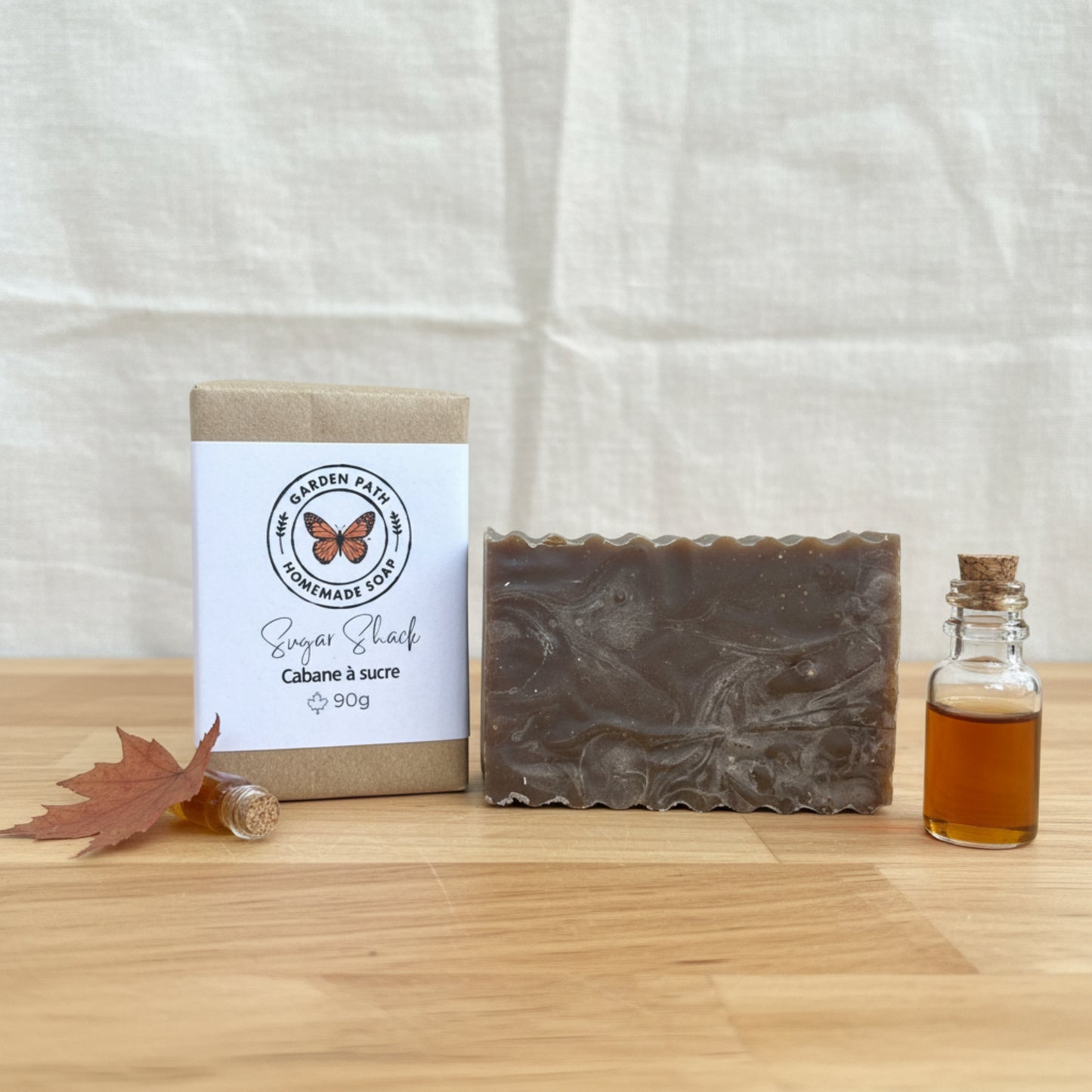 Sugar shack maple natural bar soap handmade in Canada — cold process soap with maple sugar sand exfoliant and maple fragrance, 90g