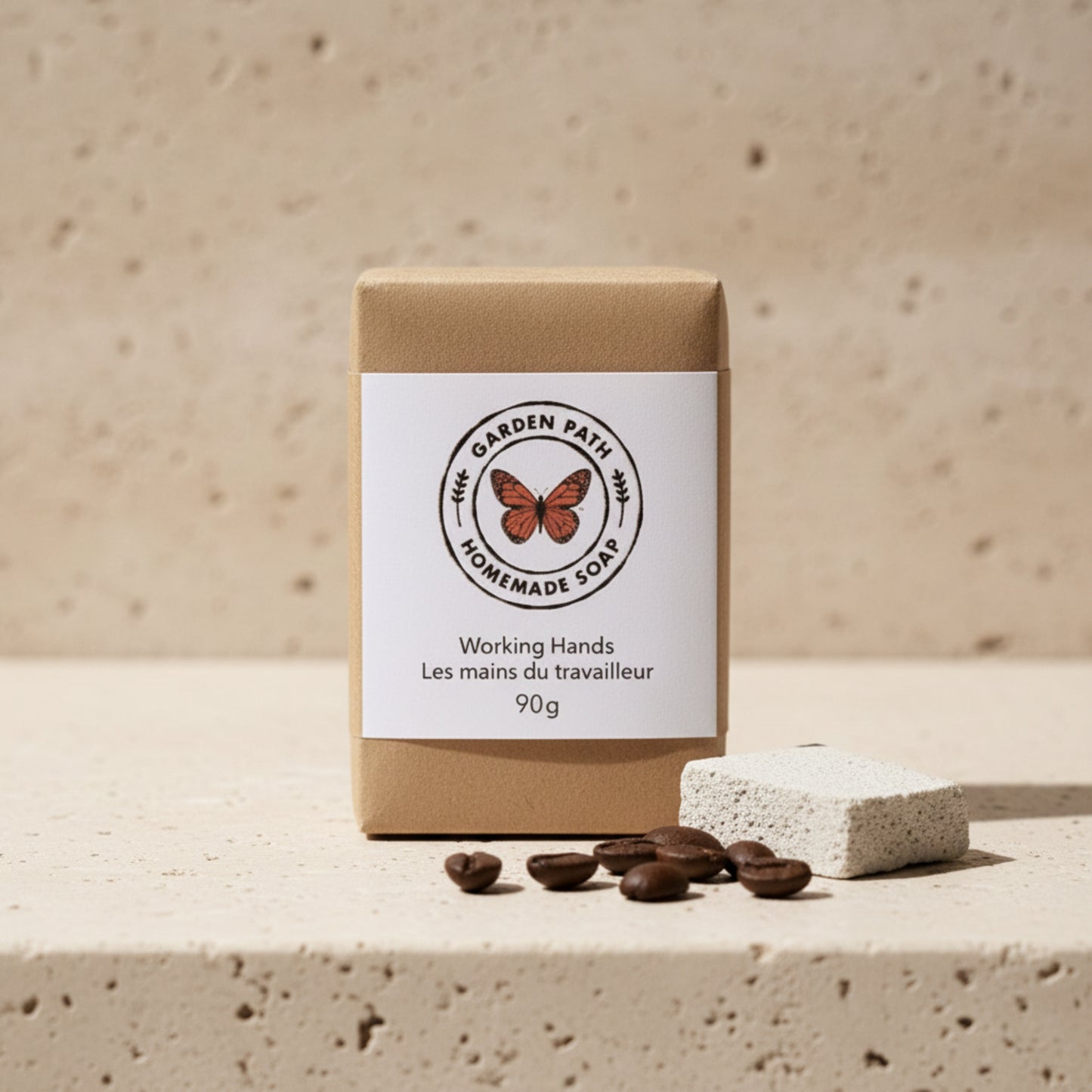 Working hands natural exfoliating bar soap handmade in Canada — cold process coffee soap with coffee grinds, removes odour and stains, 90g