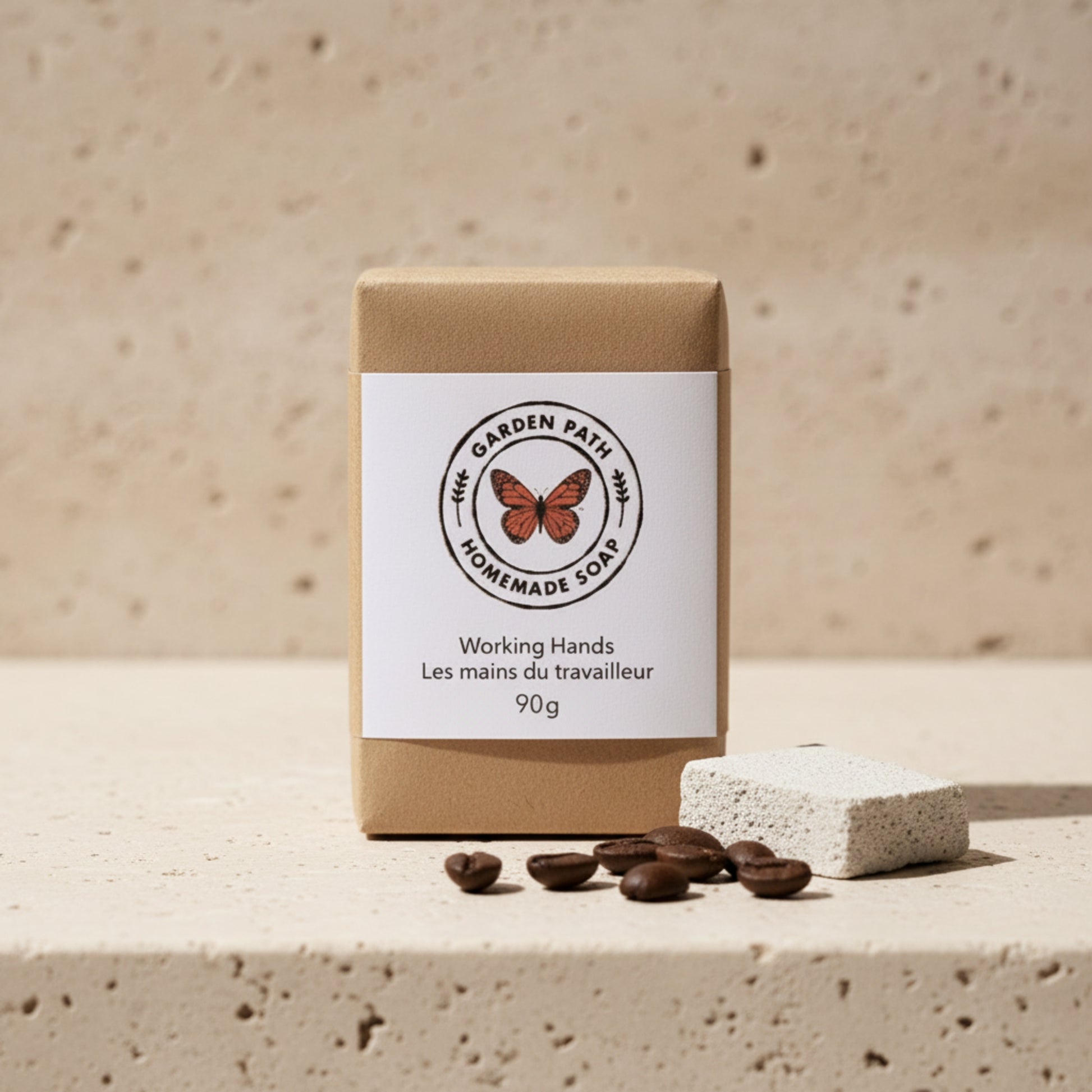 Working hands natural exfoliating bar soap handmade in Canada — cold process coffee soap with coffee grinds, removes odour and stains, 90g