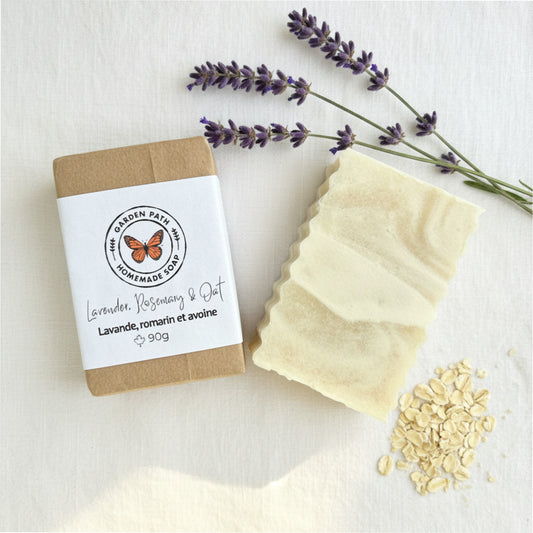 All natural lavender rosemary oatmeal exfoliating soap bar — small batch handmade soap gift for women, artisan soap Canada