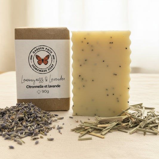 All natural lemongrass lavender soap bar with poppy seeds — small batch handmade soap for gardeners, artisan soap Canada