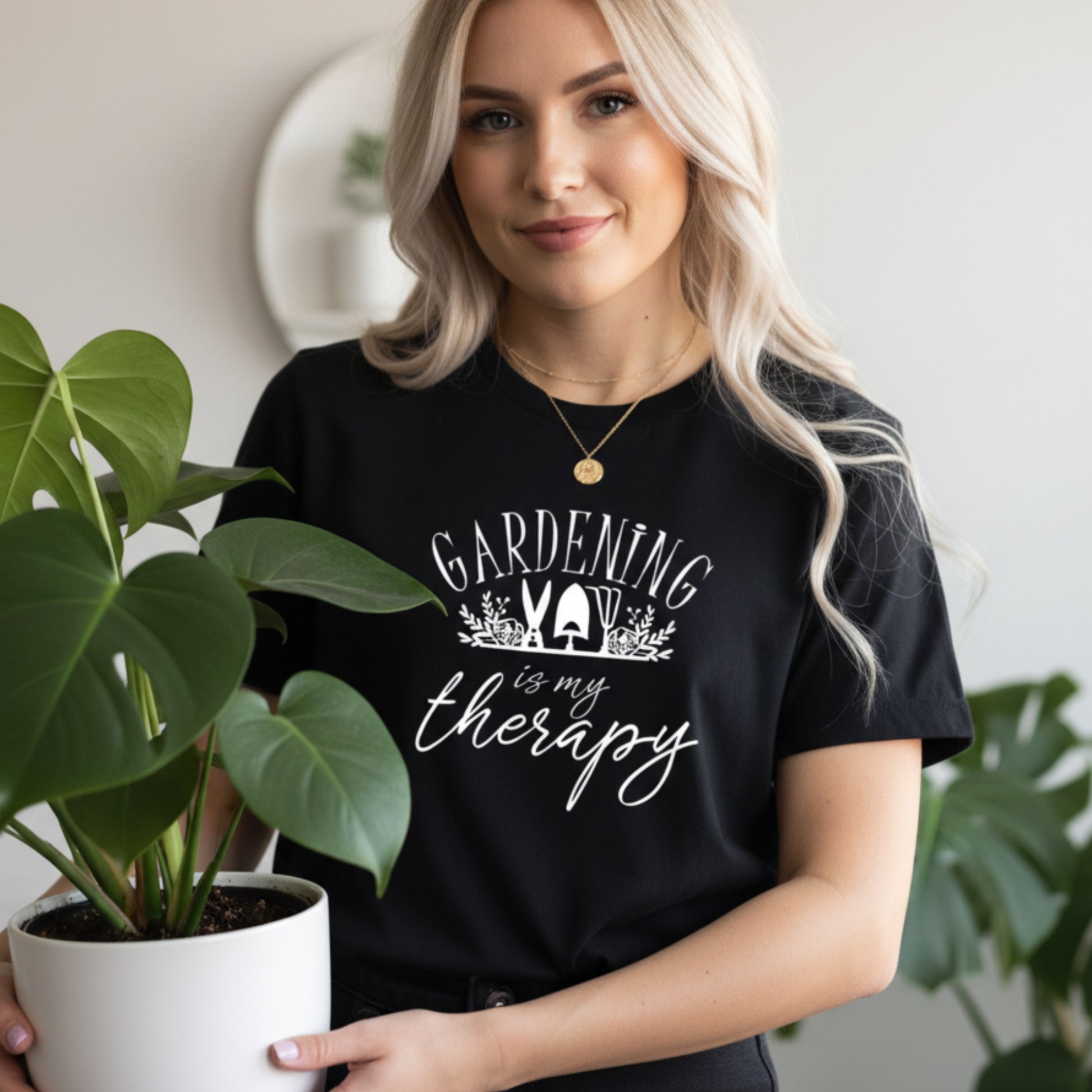 Gardening Is My Therapy women's tee in black — plant lover shirt for her, gift for the woman who is happiest with her hands in the dirt